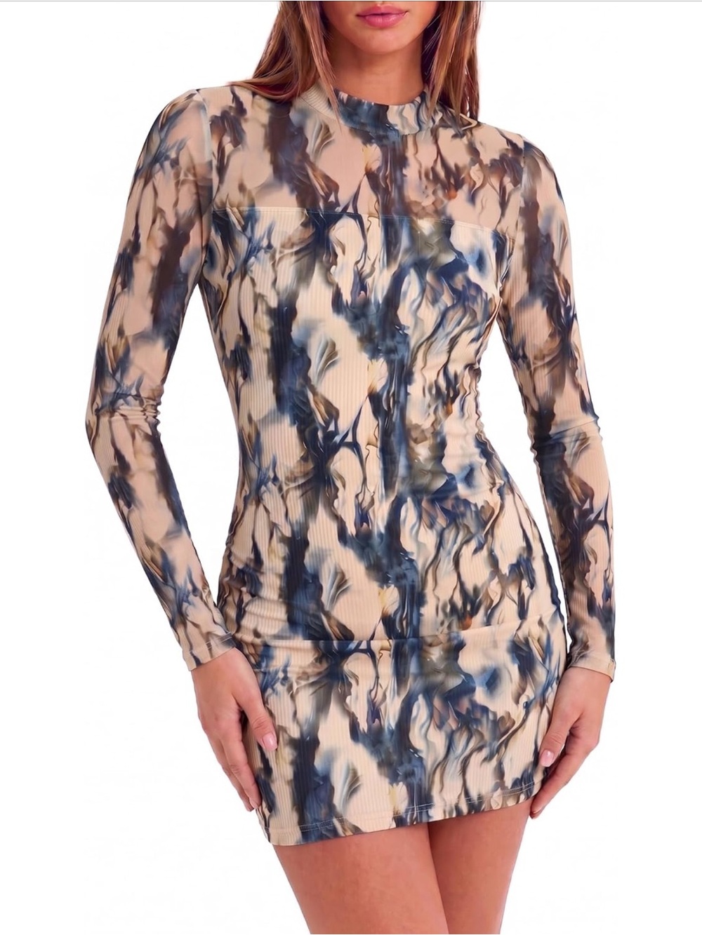 Ribbed Long Sleeve Tie-Dye Bodycon Dress in Beige and Blue